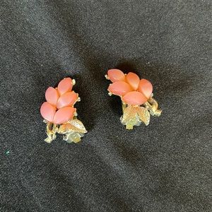 Flower Pink Design with Silver Color Leaves very Spring Clip Earrings